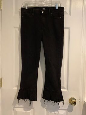 PAIGE Black “Joannie No Whiskers” Raw Hem Pleated Cuff Cropped Petite Jeans 29